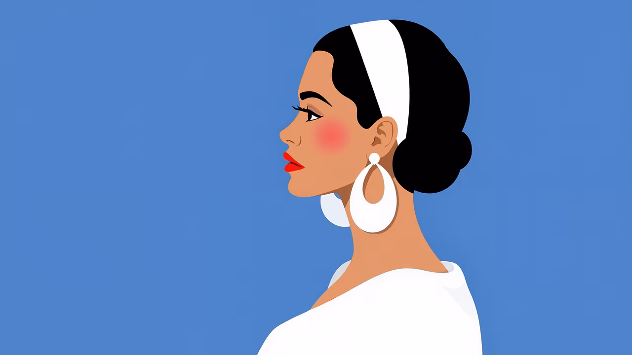 Elegant profile illustration with chic updo and large hoop earrings against a blue background.