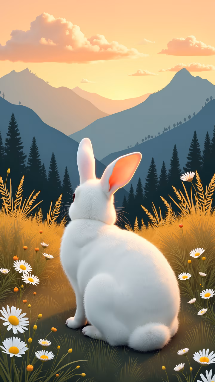 A peaceful rabbit in a beautiful landscape at sunset.