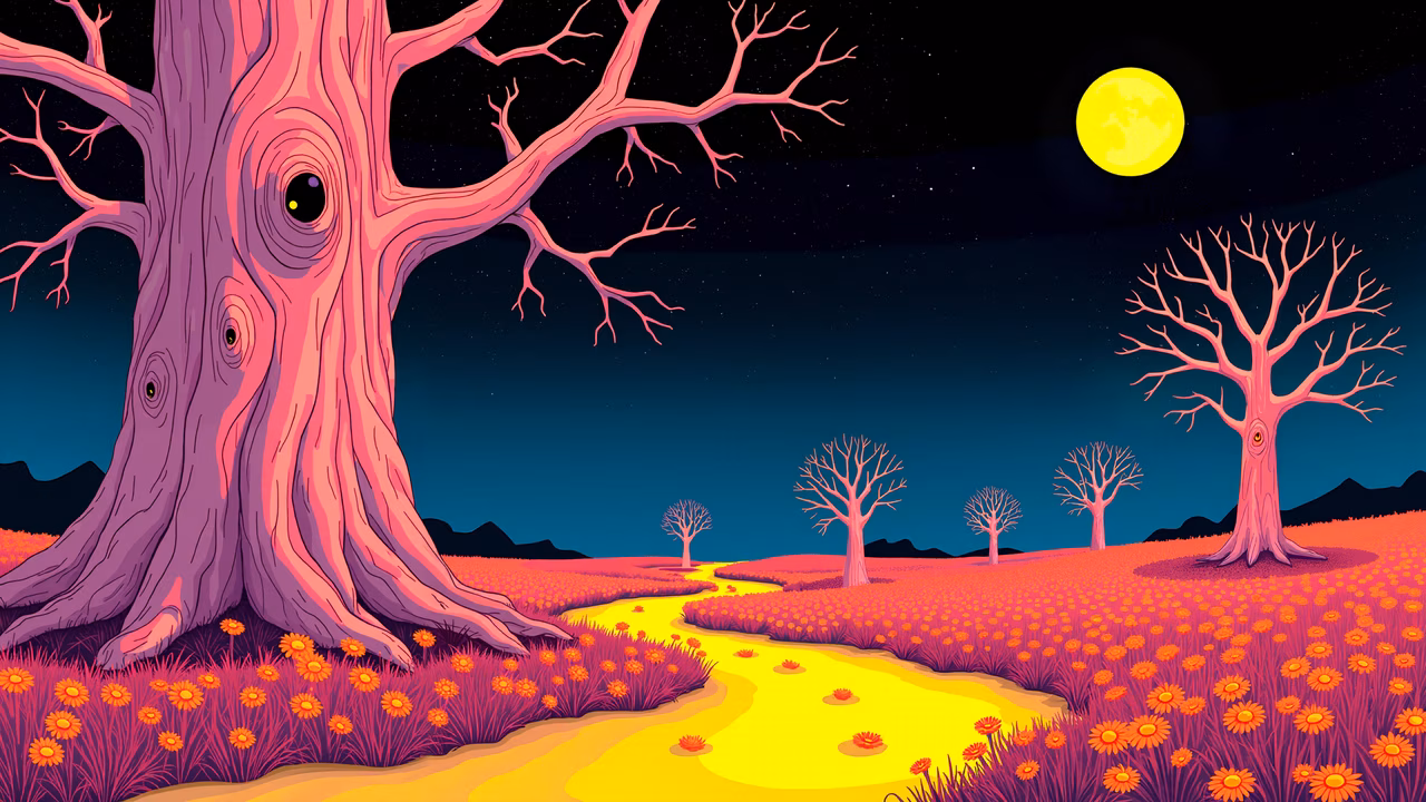 Whimsical night scene with glowing eyes on a gnarled tree and a bright yellow moon.
