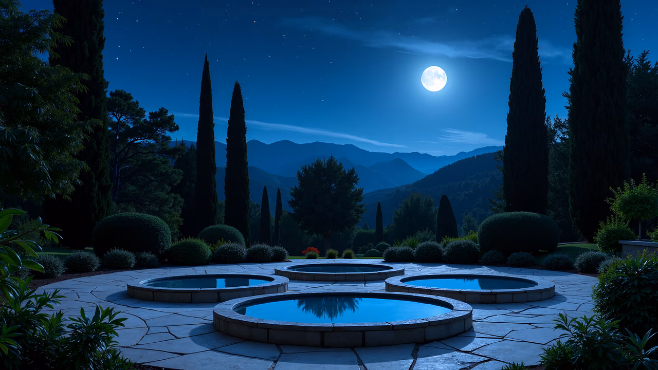 A tranquil night scene with pools, cypress trees, and a full moon over a mountainous landscape.