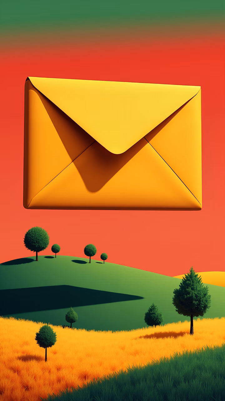A golden envelope floats over a tranquil landscape, blending warmth and serenity.