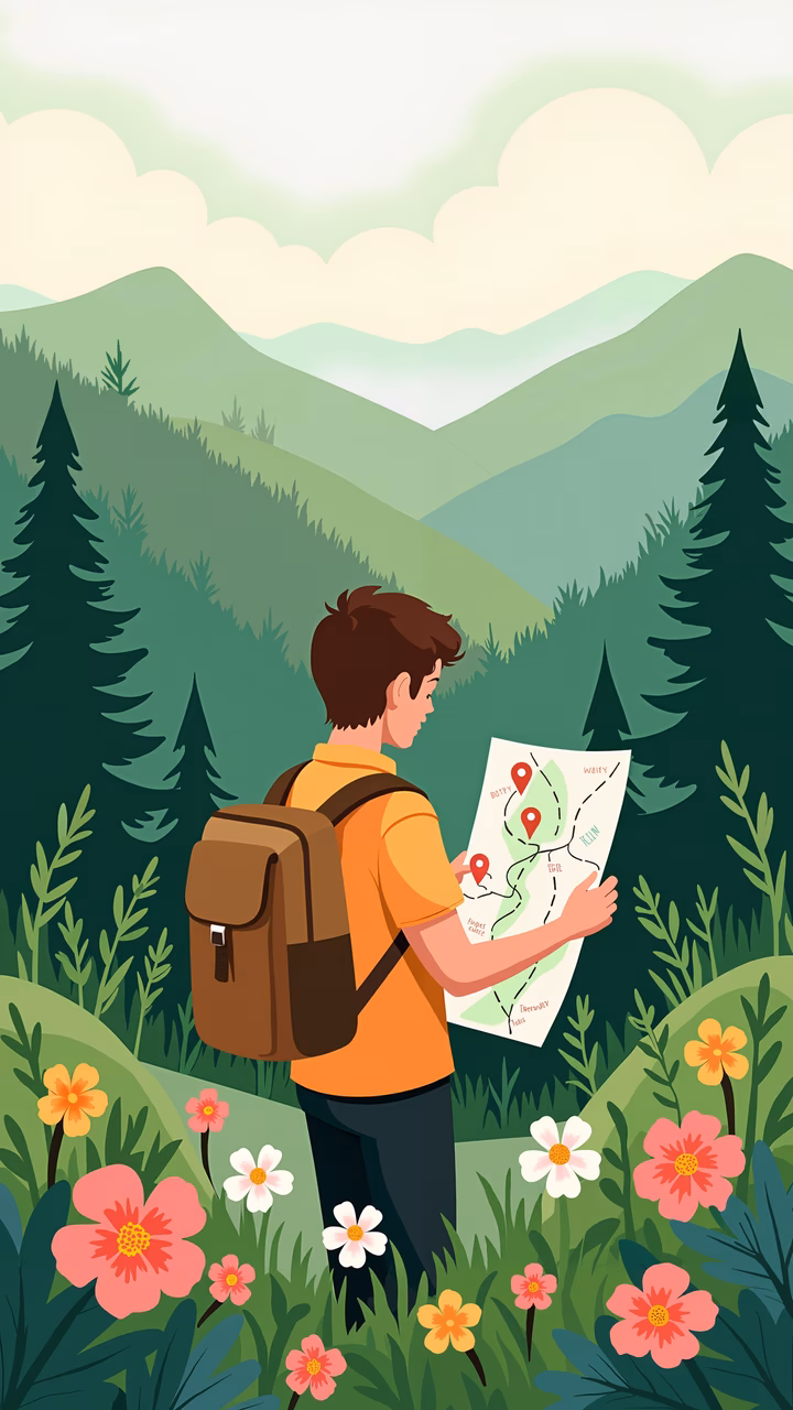 A young explorer navigating through a lush forest with a detailed map, symbolizing adventure and discovery.