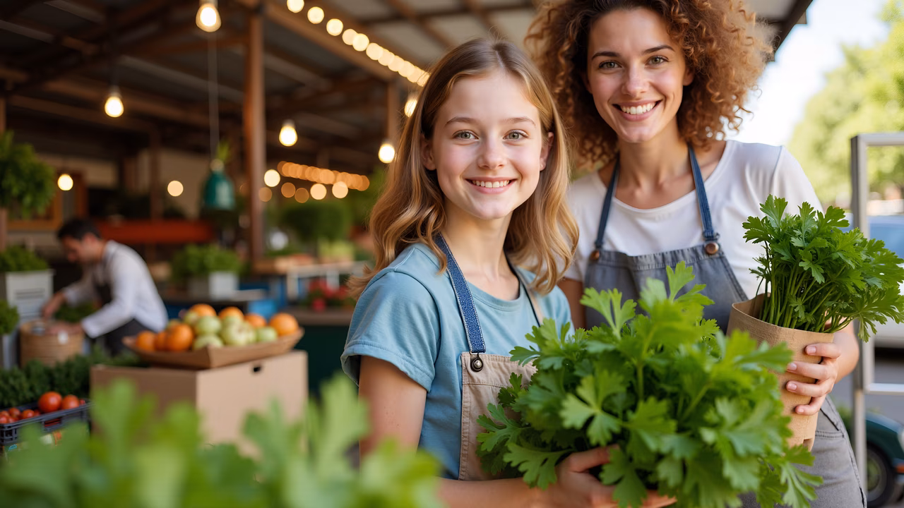 Bright smiles at a lively farmers market filled with fresh produce.