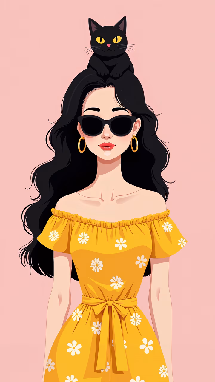 A fashionable woman with a cat companion in a playful and colorful illustration.