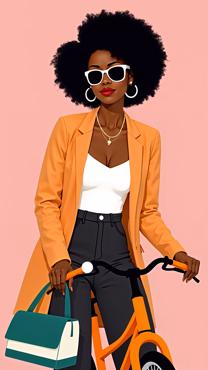 Confidently stylish fashion illustration with a vibrant color palette and modern accessories.