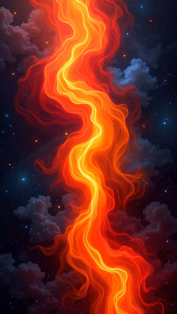 Vibrant abstract illustration of a fiery whirlwind against a starry sky.