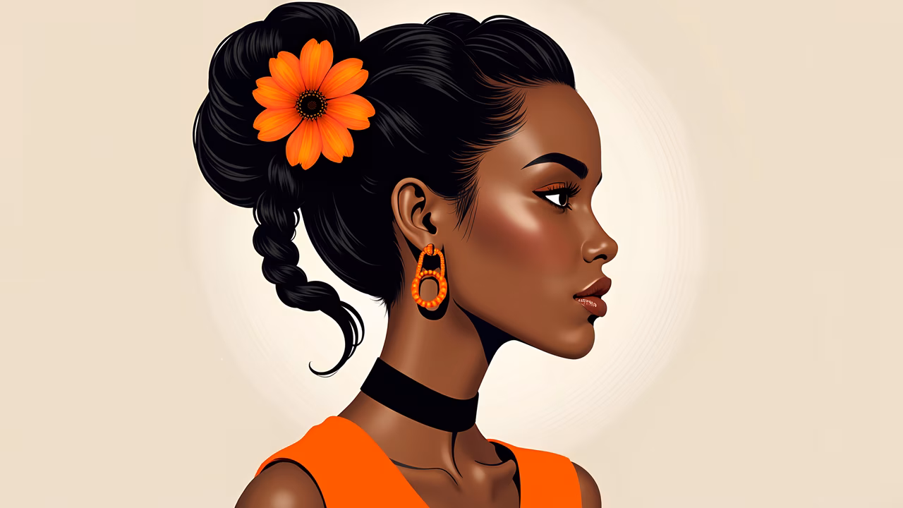 Elegant fashion illustration with bold colors and intricate details.