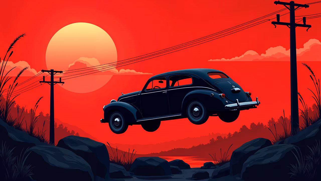 Vintage car levitating over a sunset landscape, blending reality with fantasy.