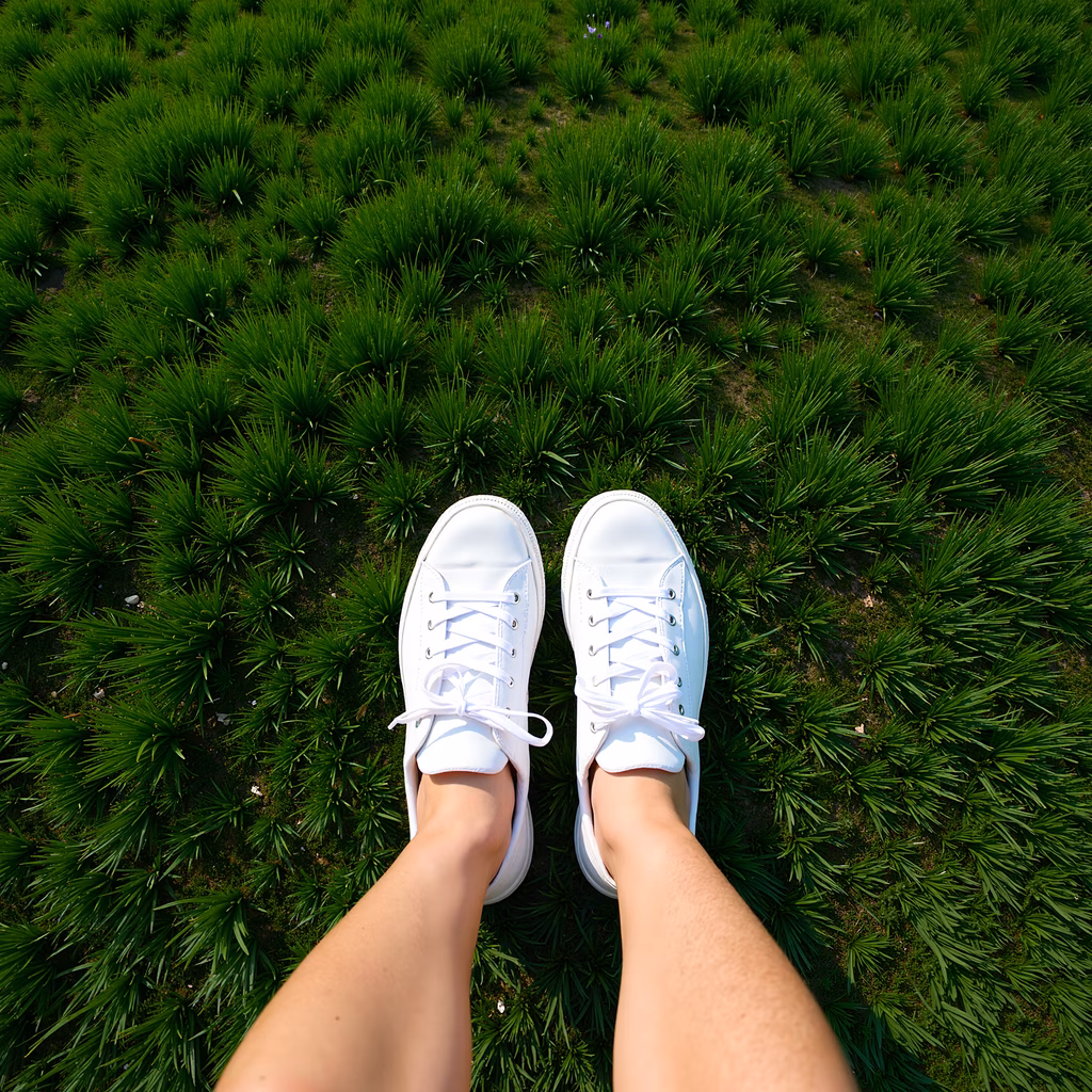 Close-up of white sneakers on vibrant green grass, evoking freshness and tranquility.