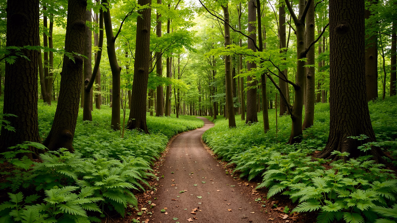 A peaceful forest pathway surrounded by lush greenery and tall trees, bathed in natural light.