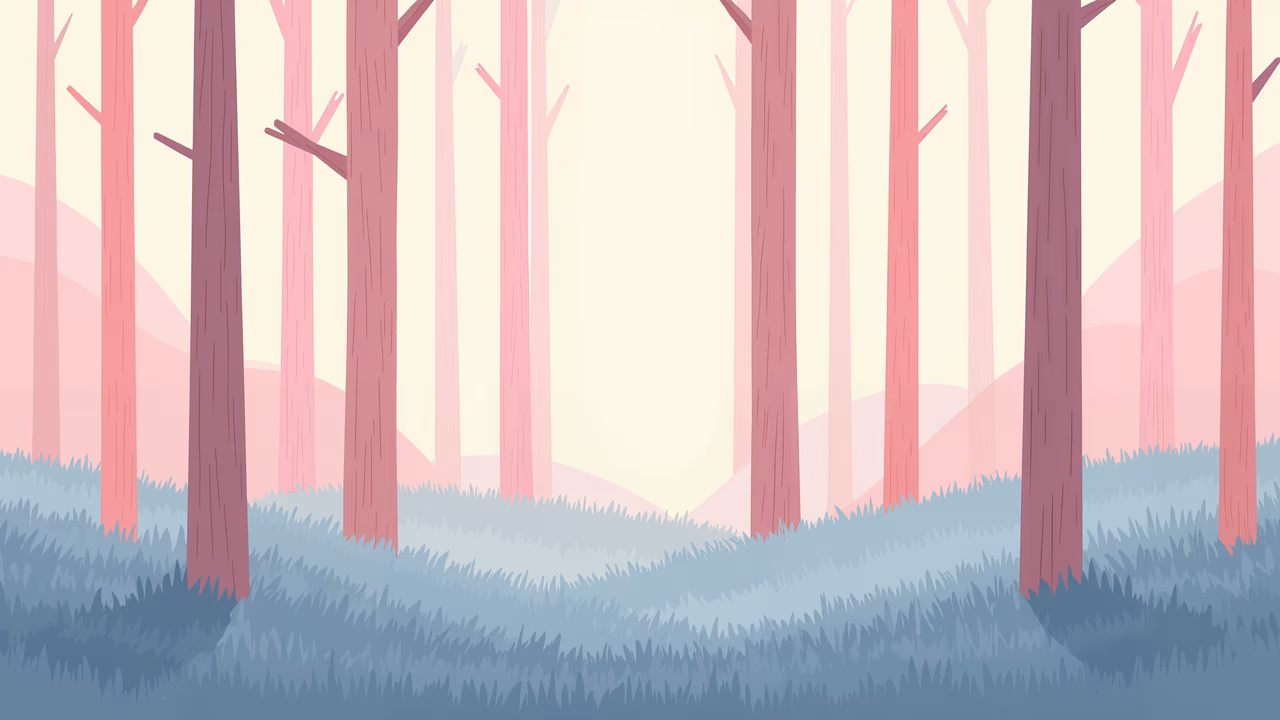 A peaceful forest scene with tall trees and soft pastel colors.