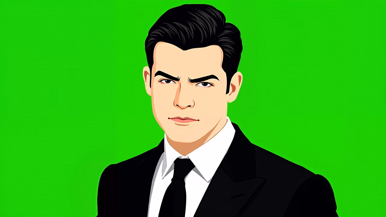 Formal portrait illustration with vibrant green background and sleek black suit.