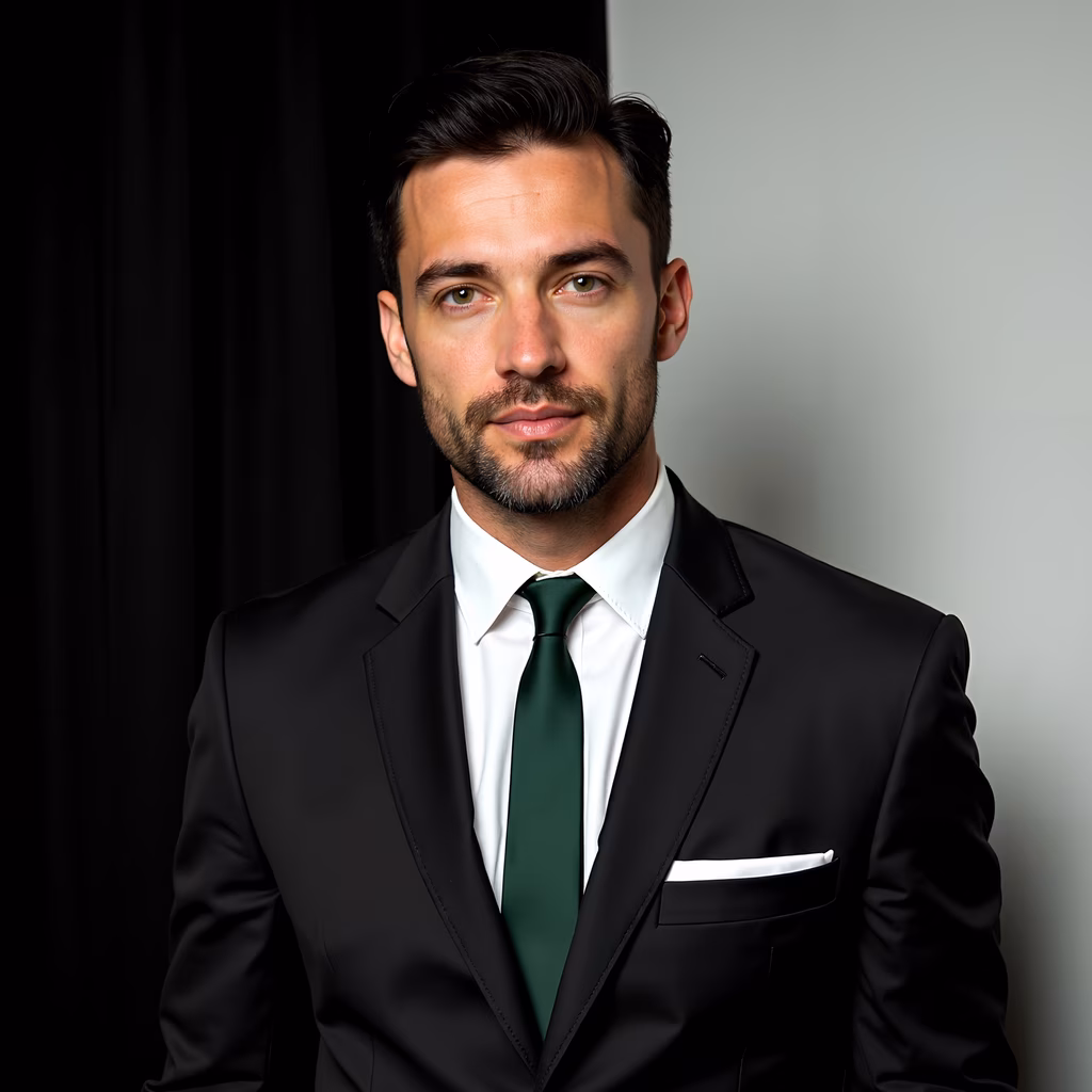 Elegant formal portrait of a man in a black suit and green tie against a contrasting backdrop.