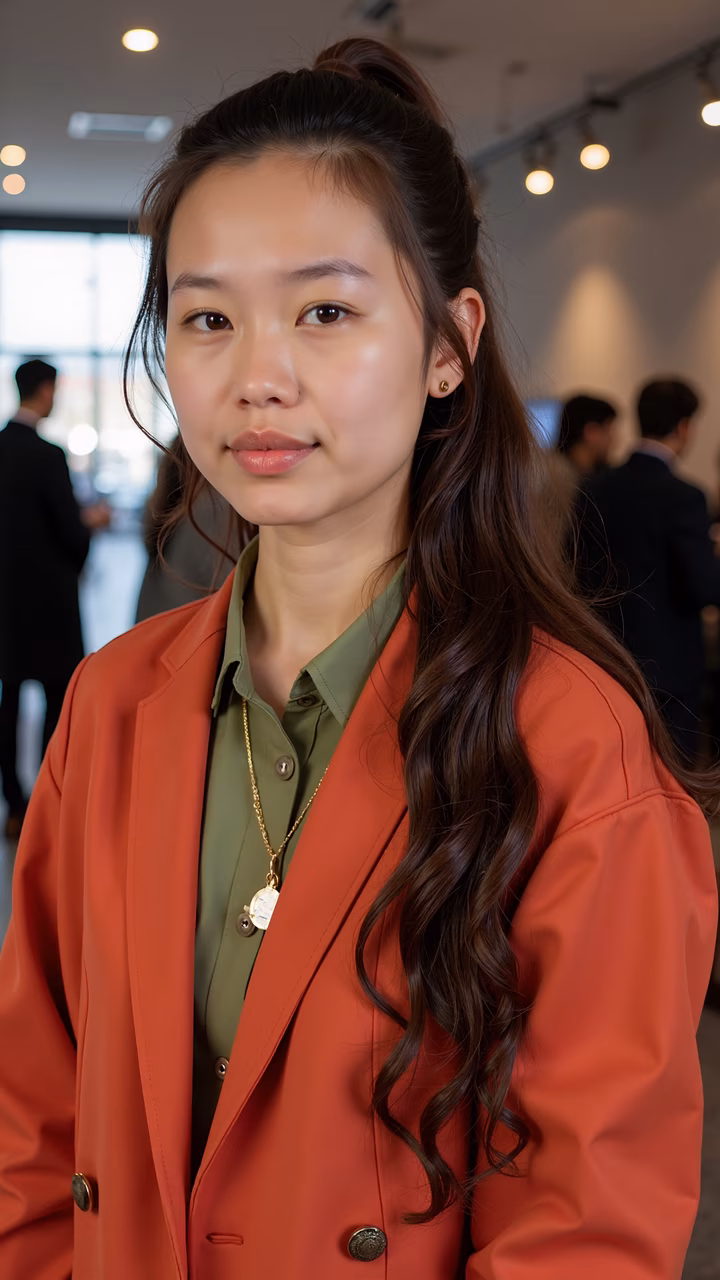 Formal portrait of a woman in a red blazer at a modern office.