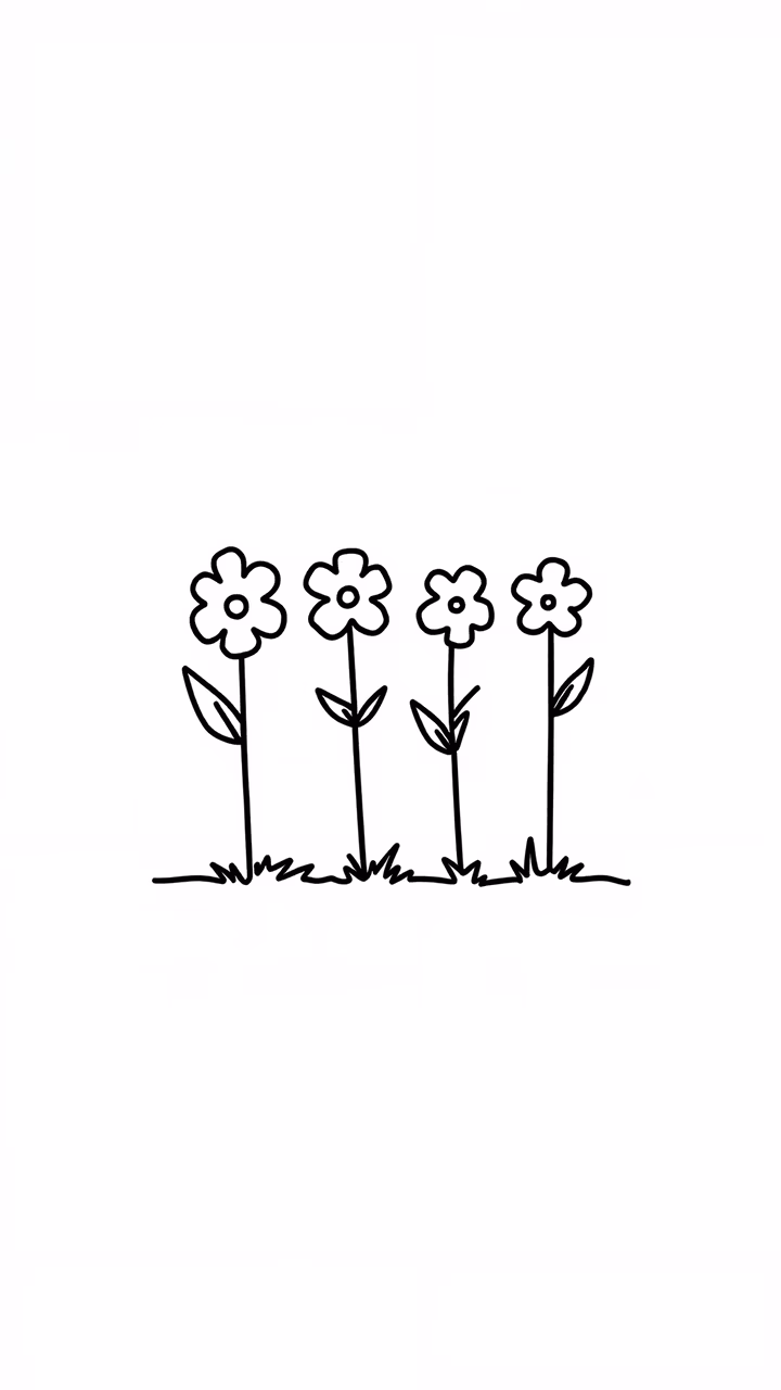 Minimalist black and white illustration of four simple flowers.