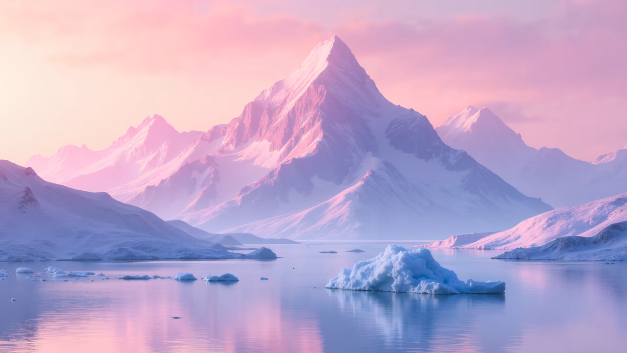 A tranquil Arctic sunset with snow-capped mountains and icebergs reflecting in calm waters.