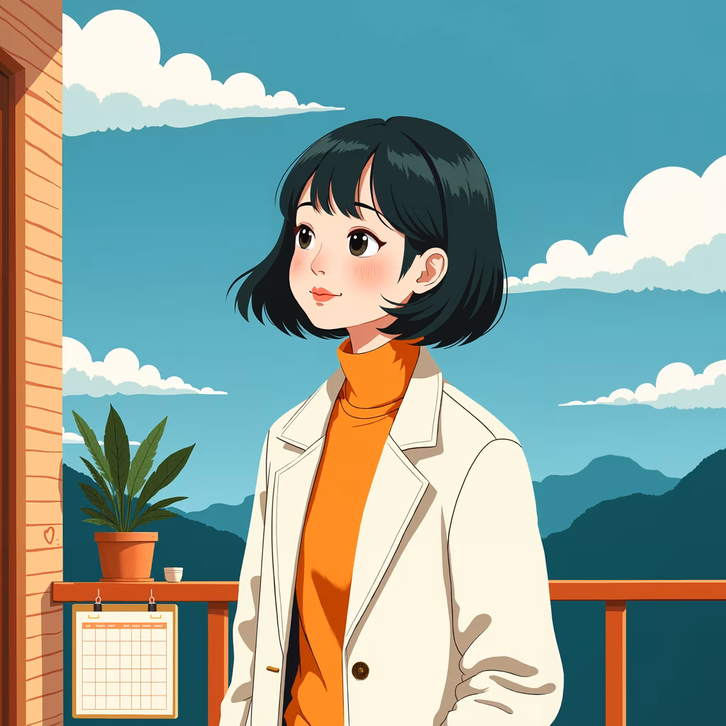 A girl in a cozy outfit stands on a balcony overlooking a tranquil landscape.