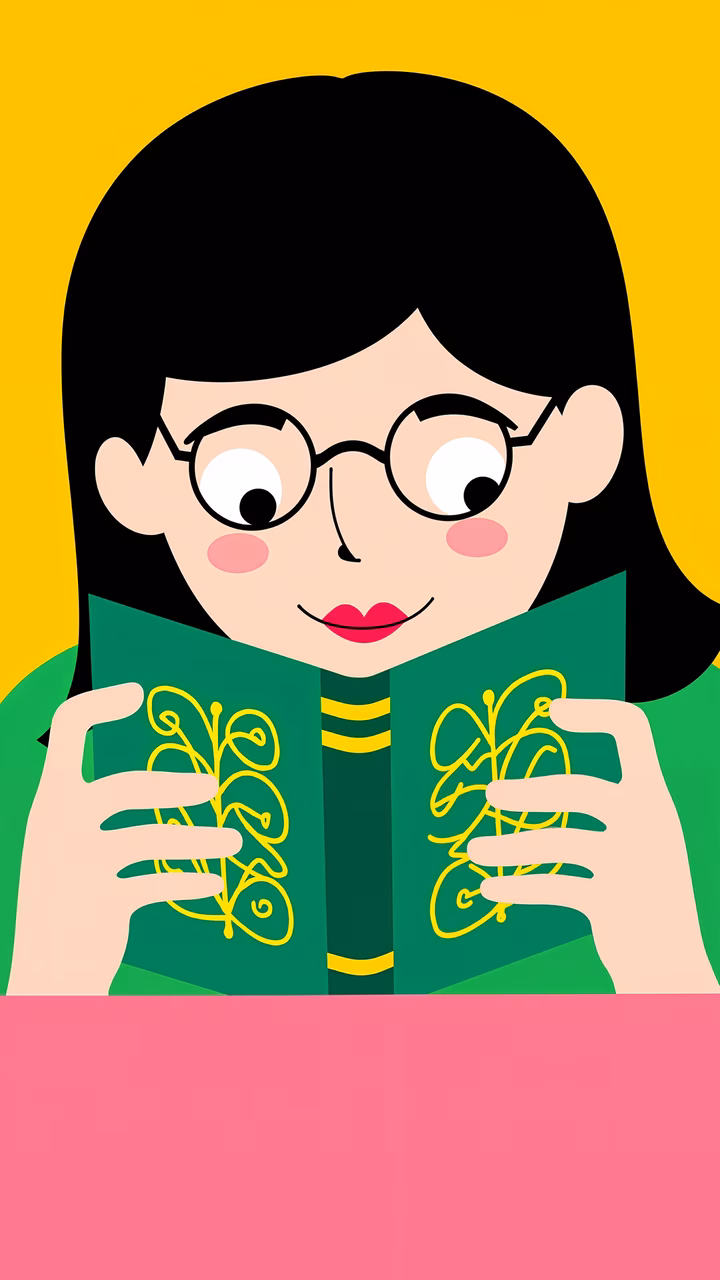 A joyful girl reading a colorful book, perfect for children's art enthusiasts.
