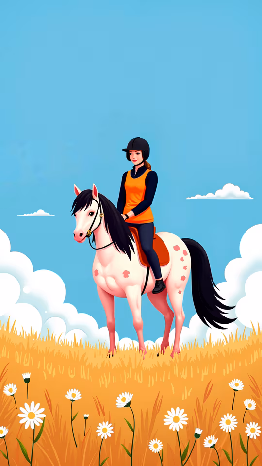 Girl Riding Horse in Field