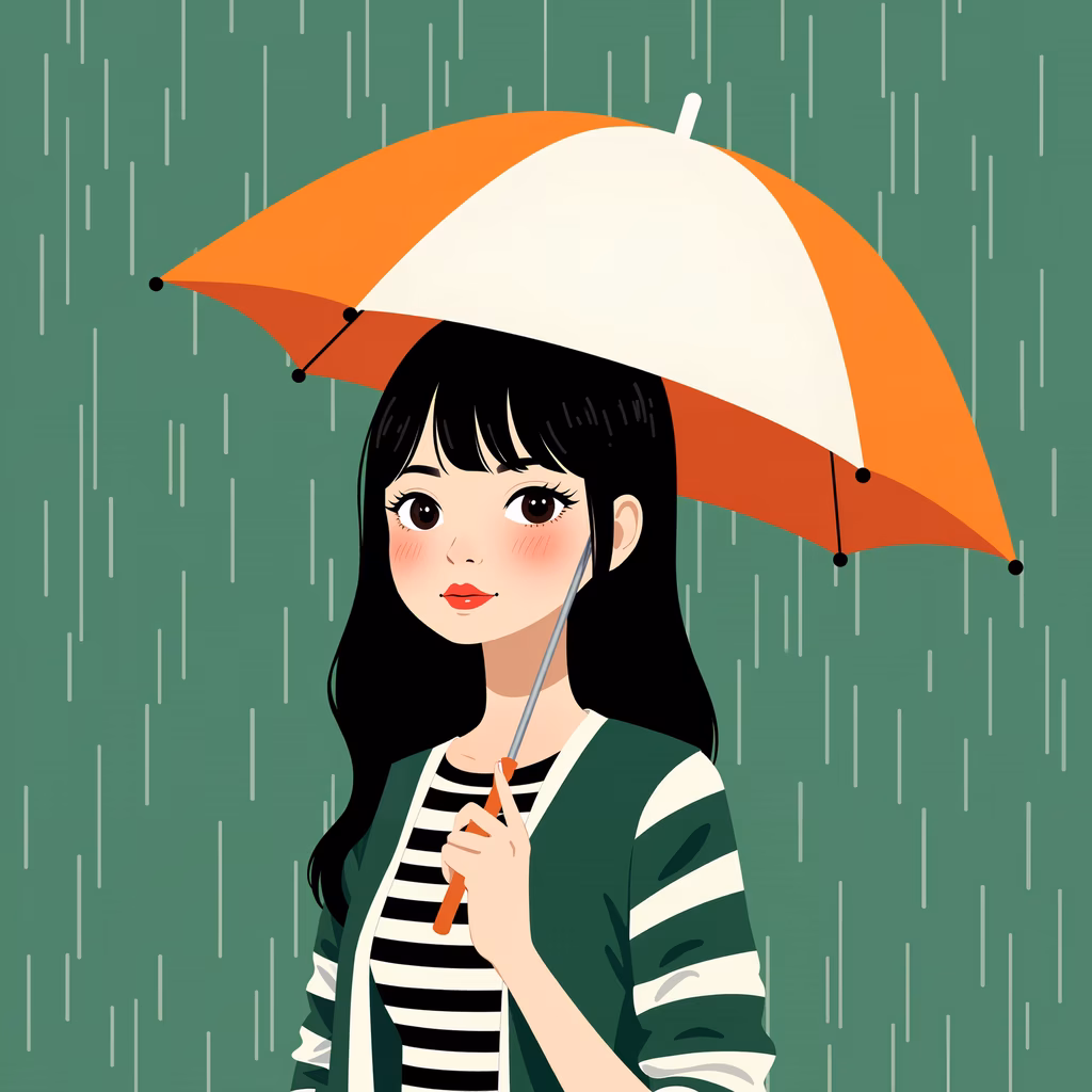 A girl under an umbrella in a tranquil rainy setting.