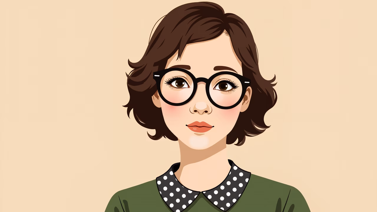 Illustrated portrait of a girl with glasses and a polka dot collar, exuding a friendly and stylish vibe.