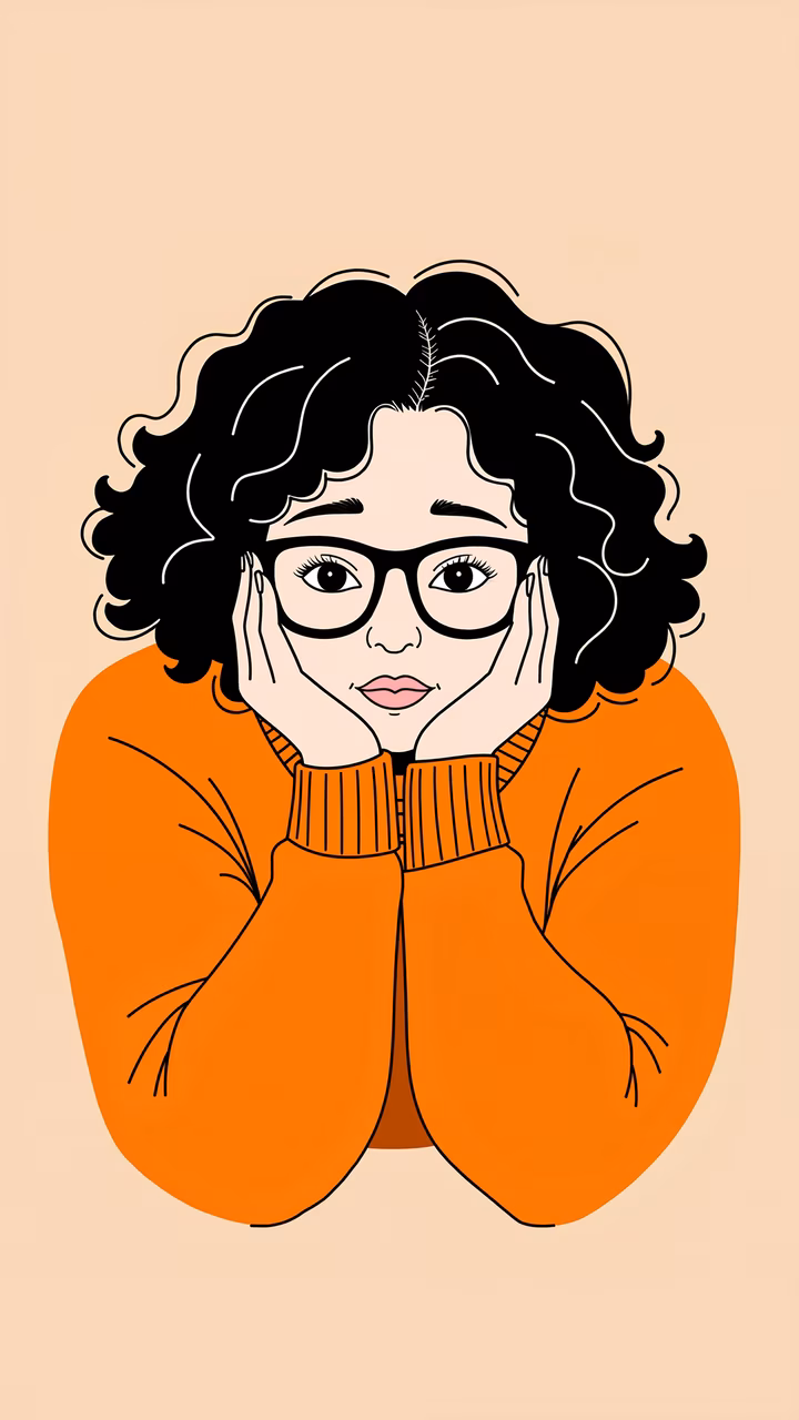 A girl with glasses and an orange sweater, evoking a sense of introspection and warmth.