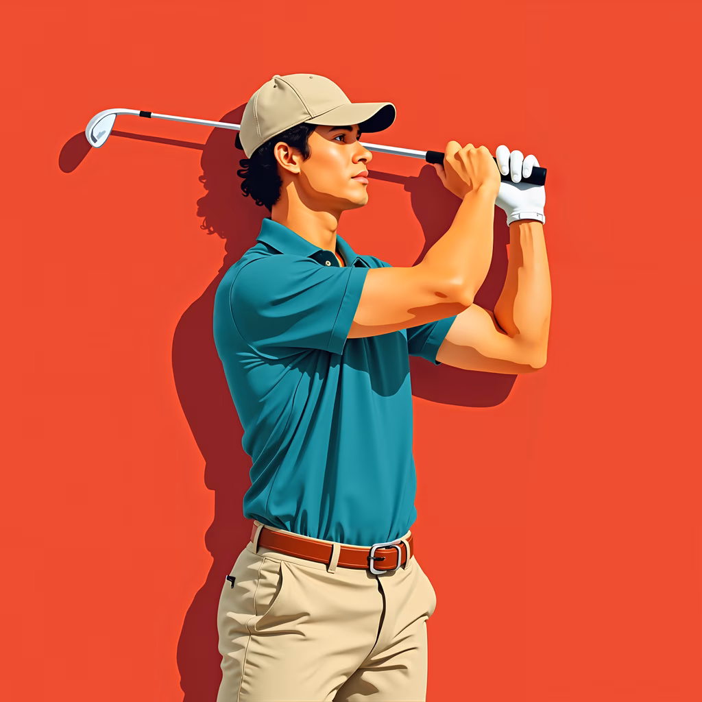 Vibrant golf swing illustration with bold colors and fluid motion.