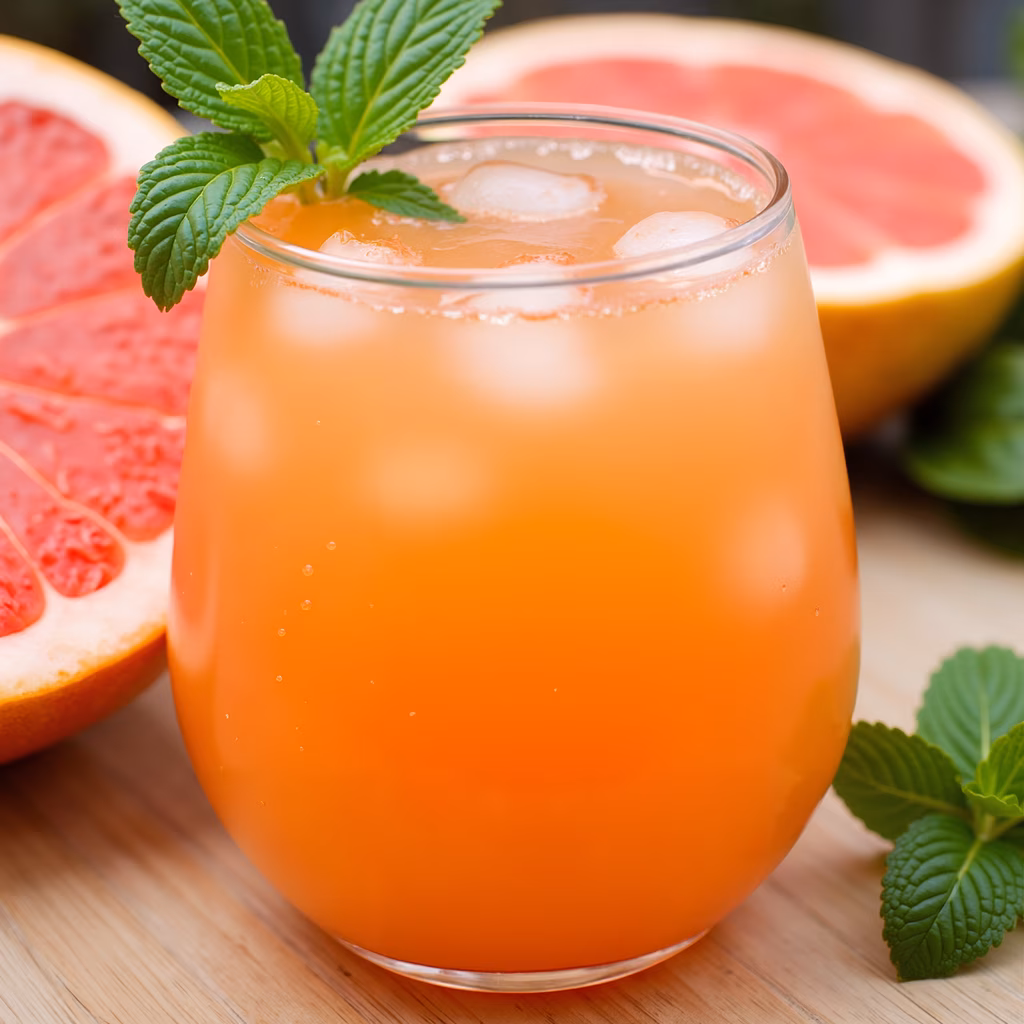 Refreshing grapefruit juice with mint garnish on a wooden surface.