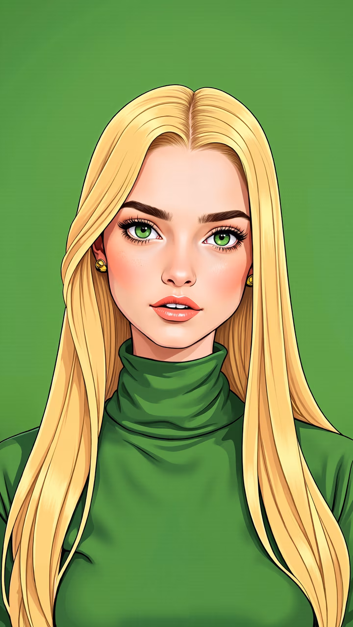 Elegant green beauty illustration with detailed features and vibrant colors.