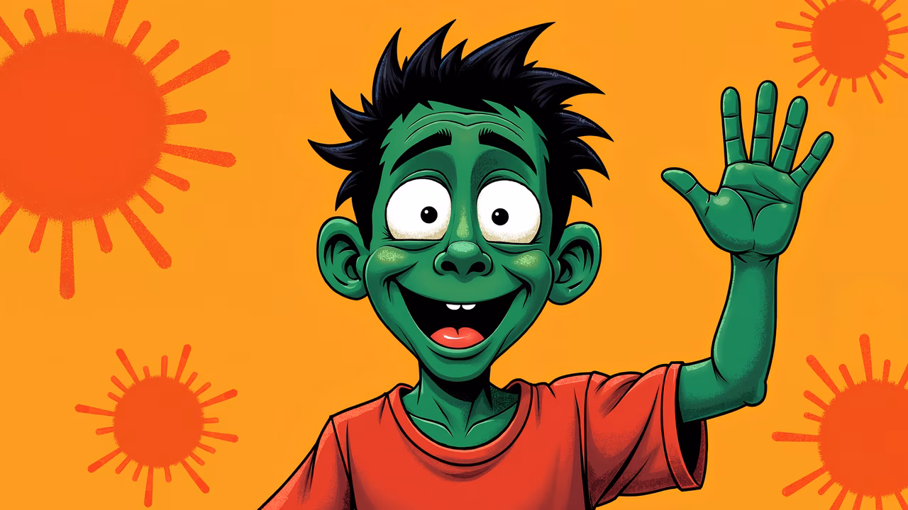 A happy green boy waving in a colorful, child-friendly illustration.