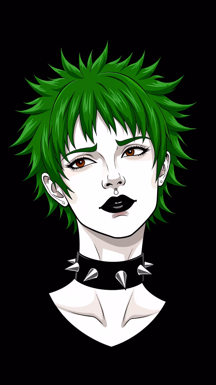 Vibrant green-haired character with bold makeup and spiked choker against a dark background.