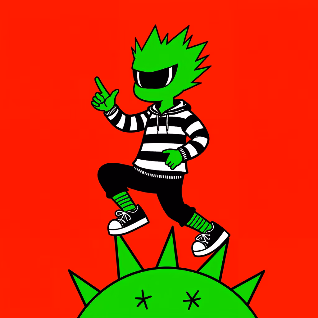 Bold punk character with spiky green hair and striped hoodie on a red background.