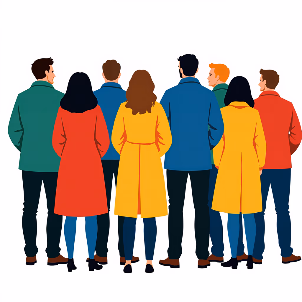A group of friends standing together, facing away, in a colorful and cheerful illustration.