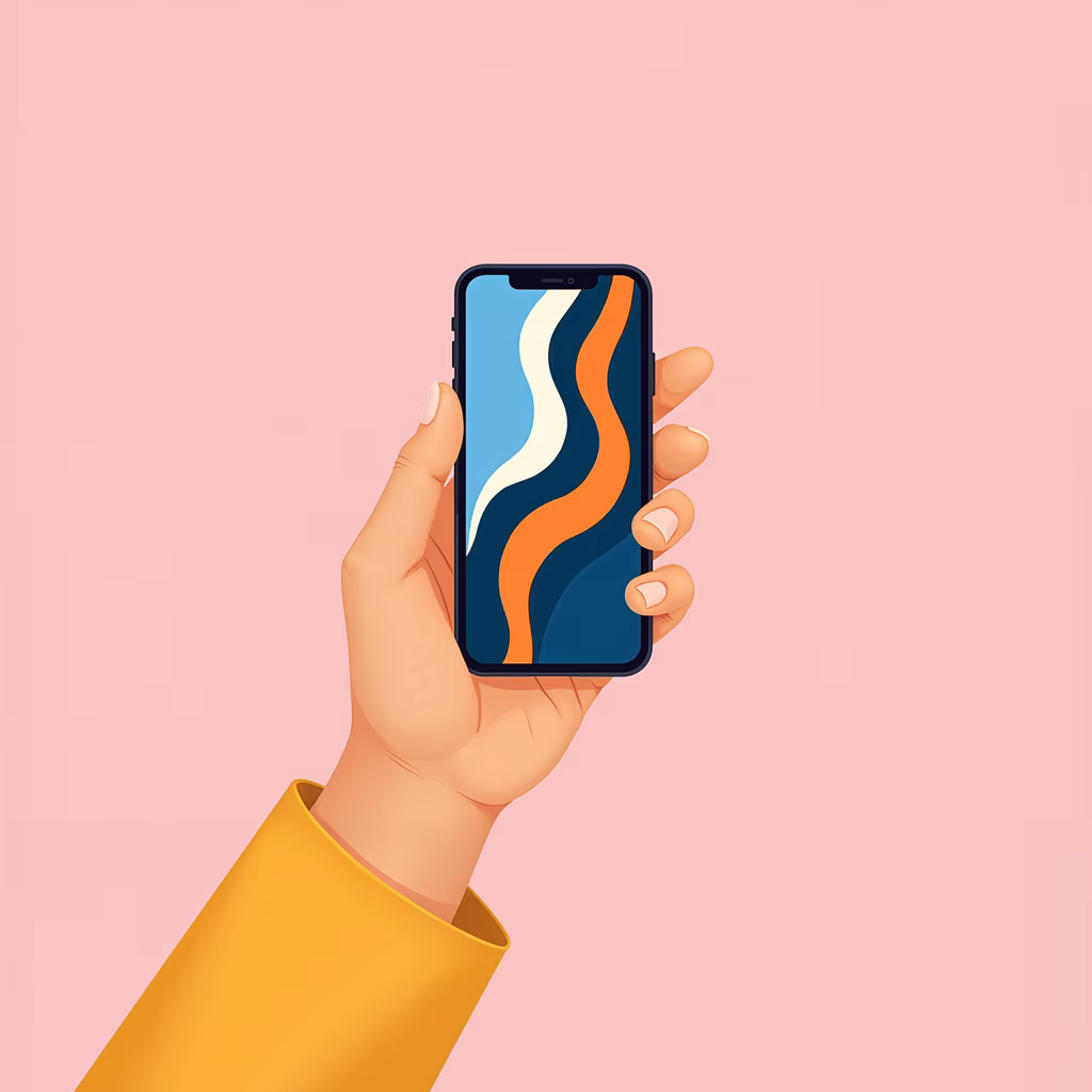 Elegant hand holding a smartphone with a colorful abstract screen against a pink backdrop.