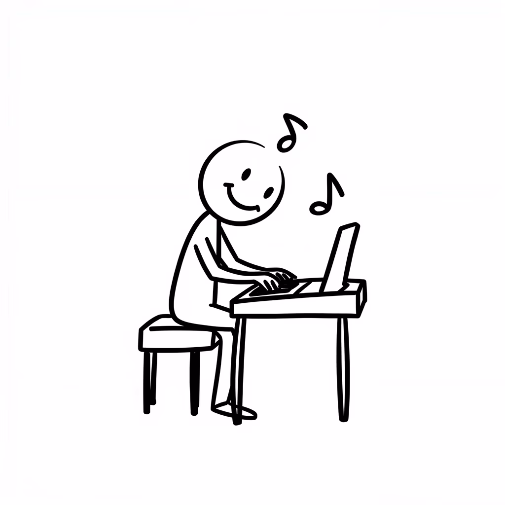A joyful stick figure musician playing piano, filled with musical notes.