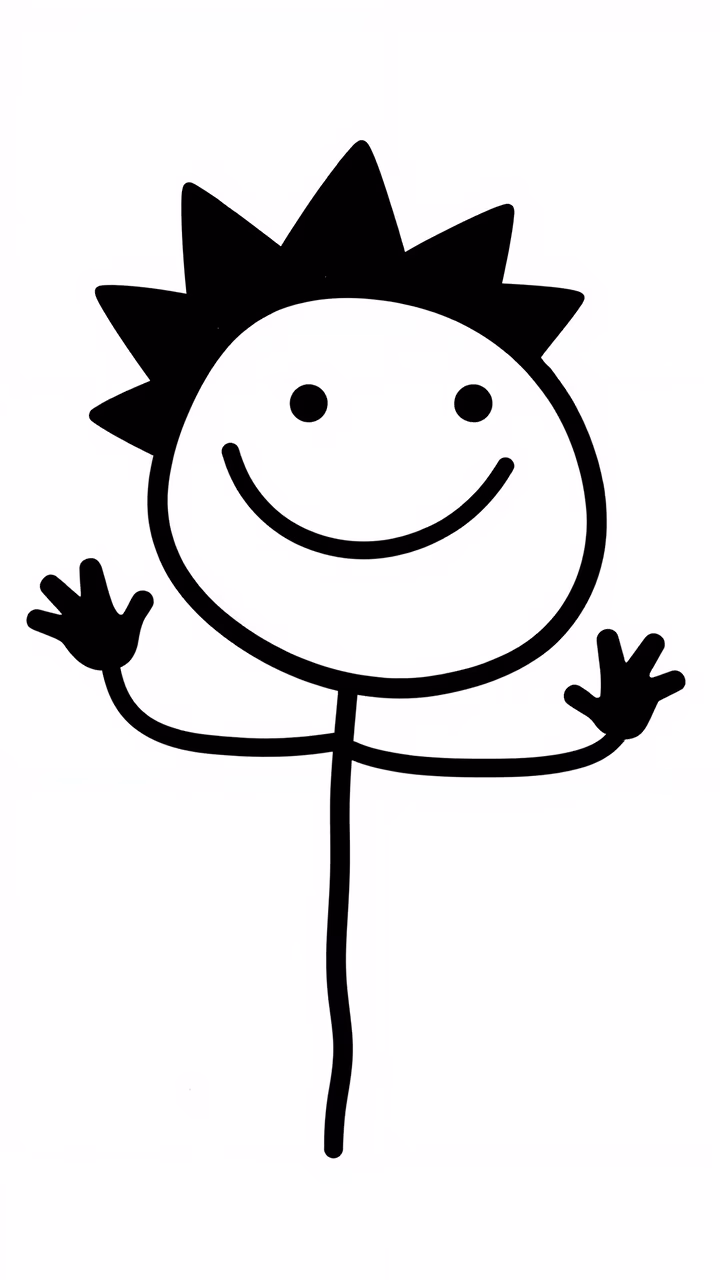 A joyful stick figure with a big smile and spiky hair, perfect for children's art.