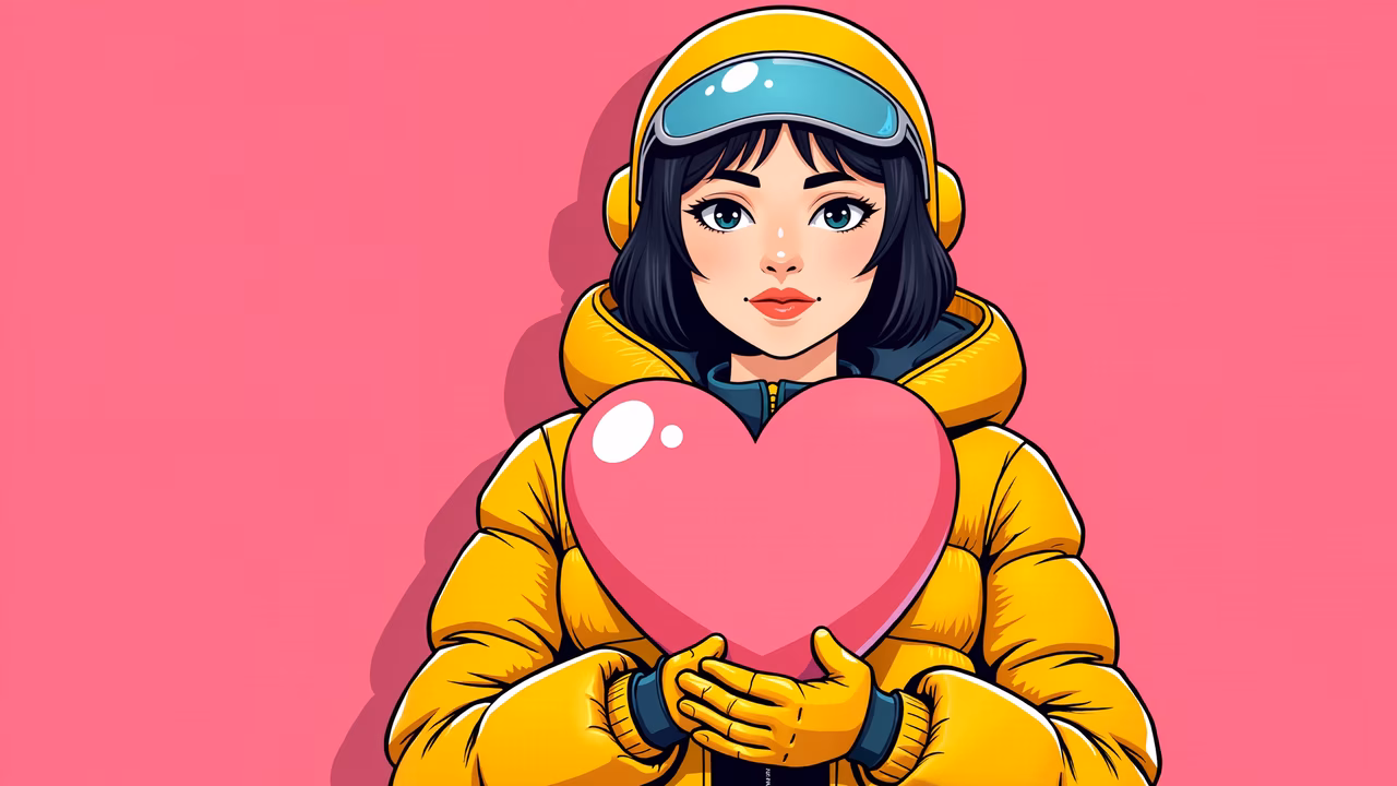 Warm-hearted character holding a large pink heart against a pink background.