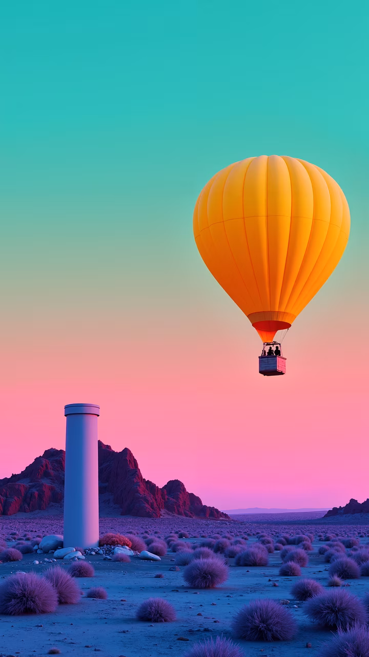 A hot air balloon soars over a mystical desert at sunset, blending modern and natural elements.