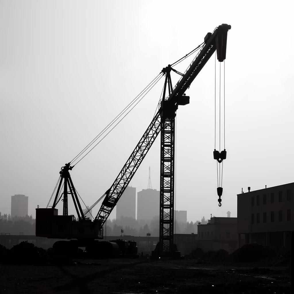 Silhouetted crane against a hazy urban landscape.