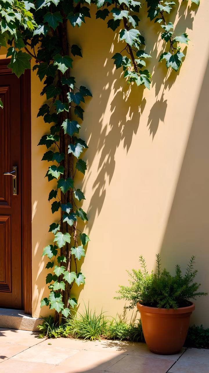 Lush ivy climbing wall with terracotta pot and sunlight filtering through leaves.
