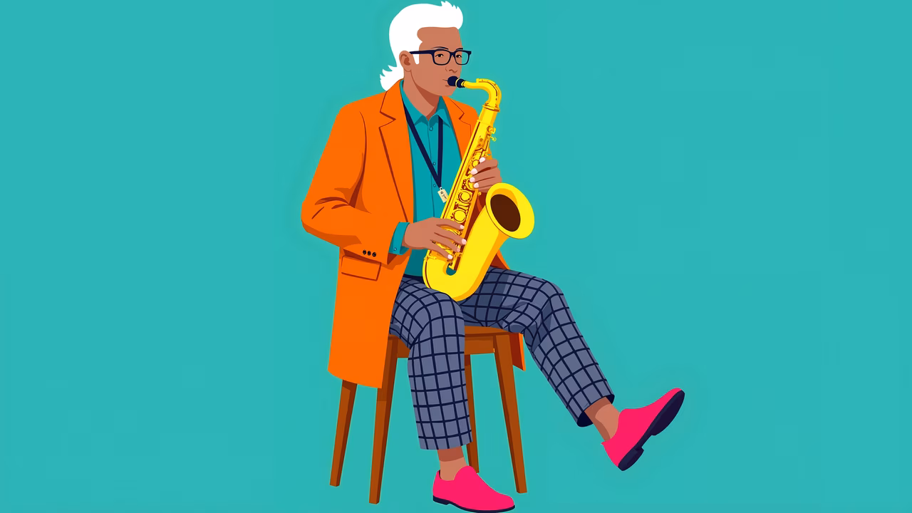 Vibrant jazz saxophonist illustration with bold colors and dynamic pose.