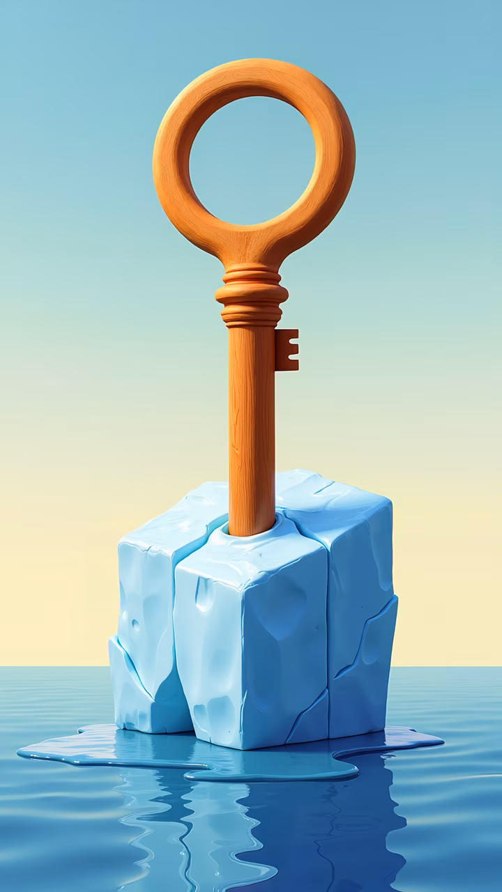 A key embedded in melting ice, symbolizing mystery and transformation.