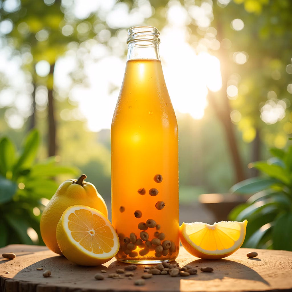 A bottle of lemonade with lemons and seeds, bathed in warm sunlight.