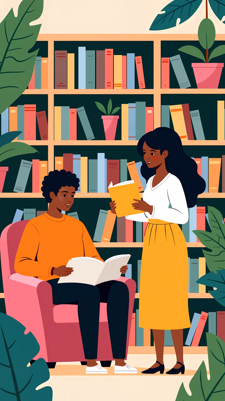 Two individuals enjoying a quiet moment in a colorful library setting.
