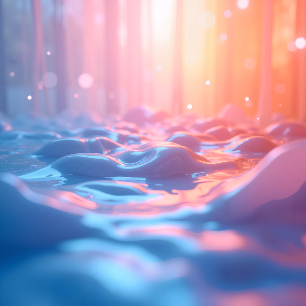 A mesmerizing blend of cool and warm hues, capturing the fluidity of liquid surfaces in a tranquil, dreamlike setting.