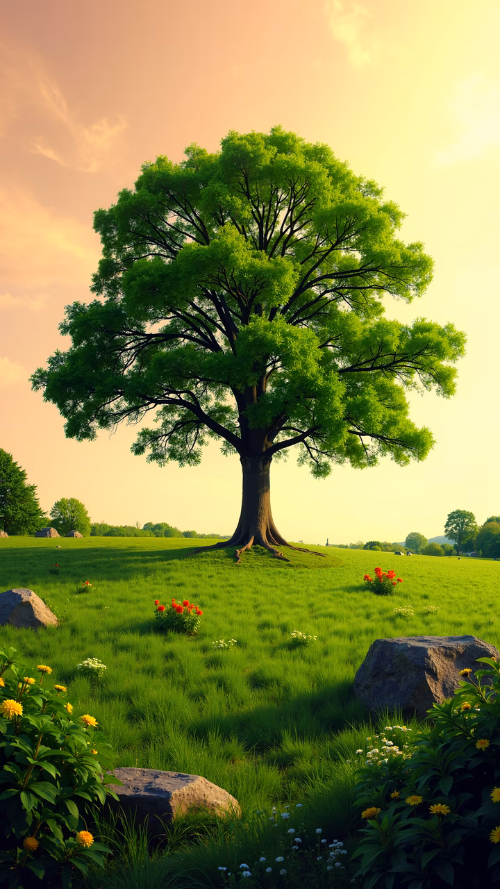 A tranquil nature scene featuring a lush green tree and vibrant flowers under a colorful sky.