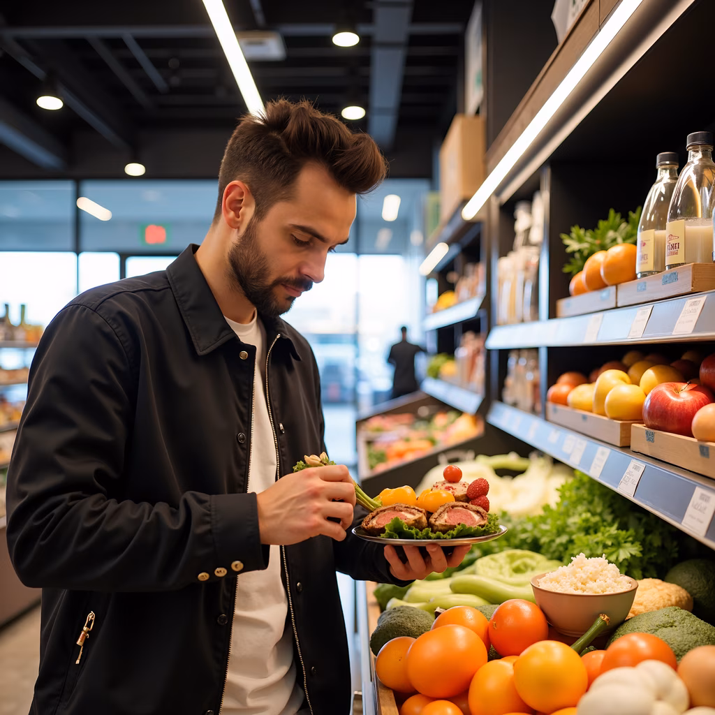 Man selecting fresh produce in a grocery store, highlighting healthy eating options.