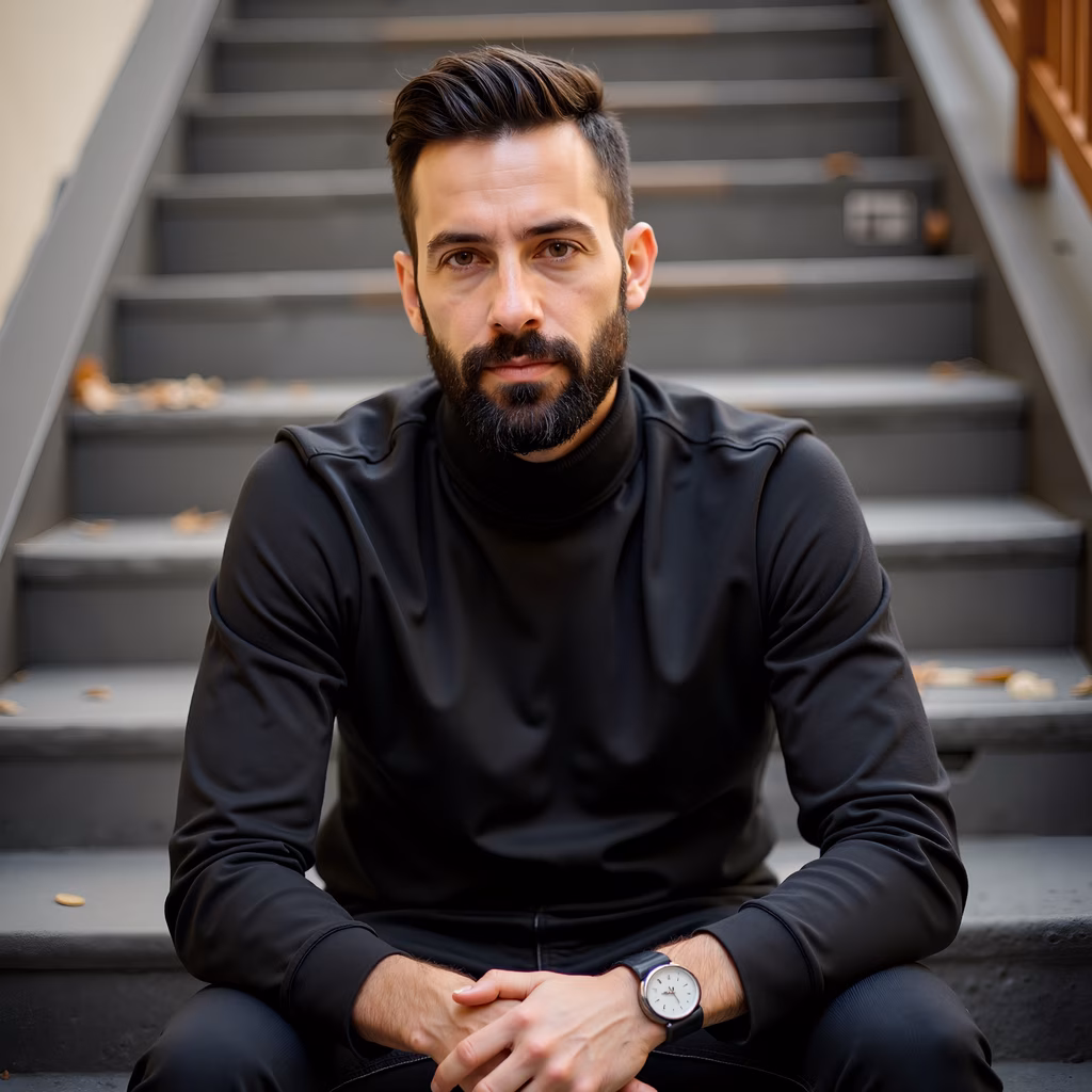 Man in black sweater sitting on stairs, autumn leaves, calm atmosphere.