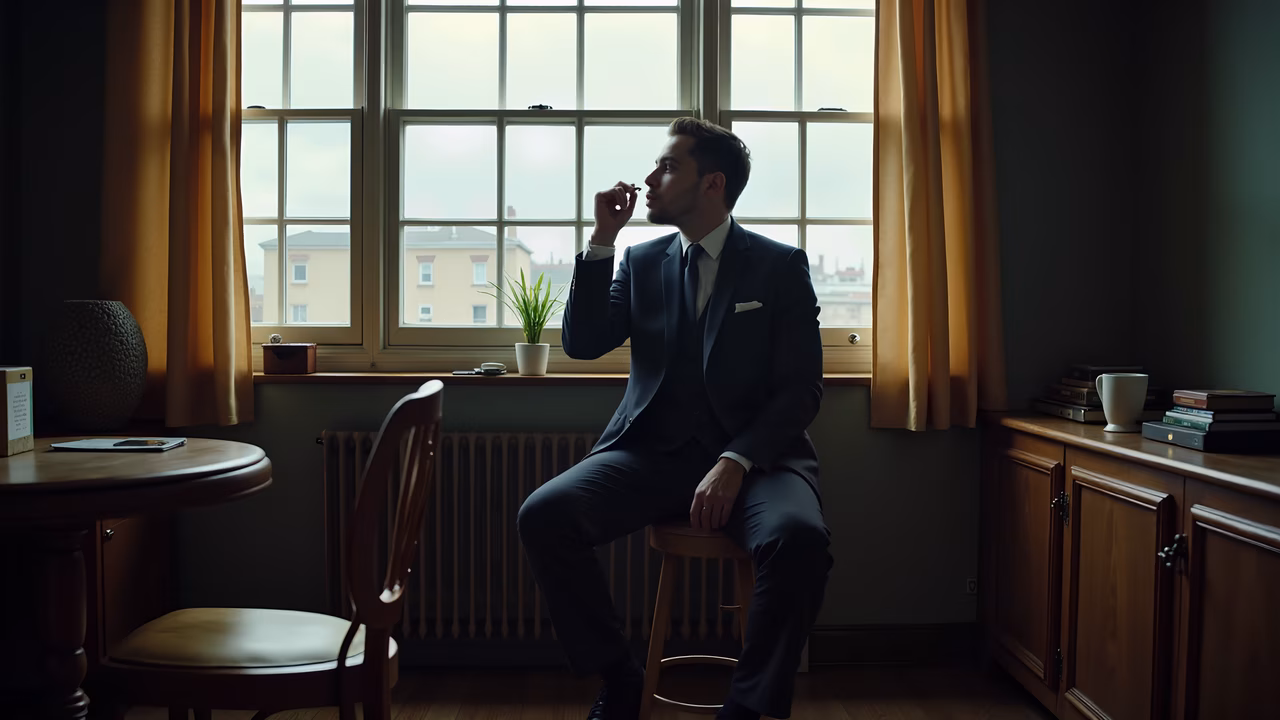 Man in suit smoking by window, urban reflection, calm atmosphere.