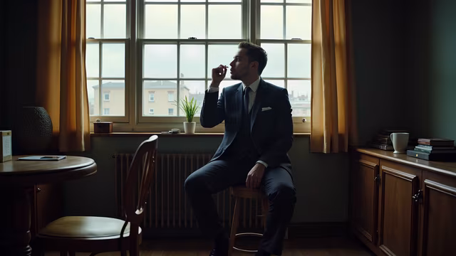 Man in Suit Smoking by Window